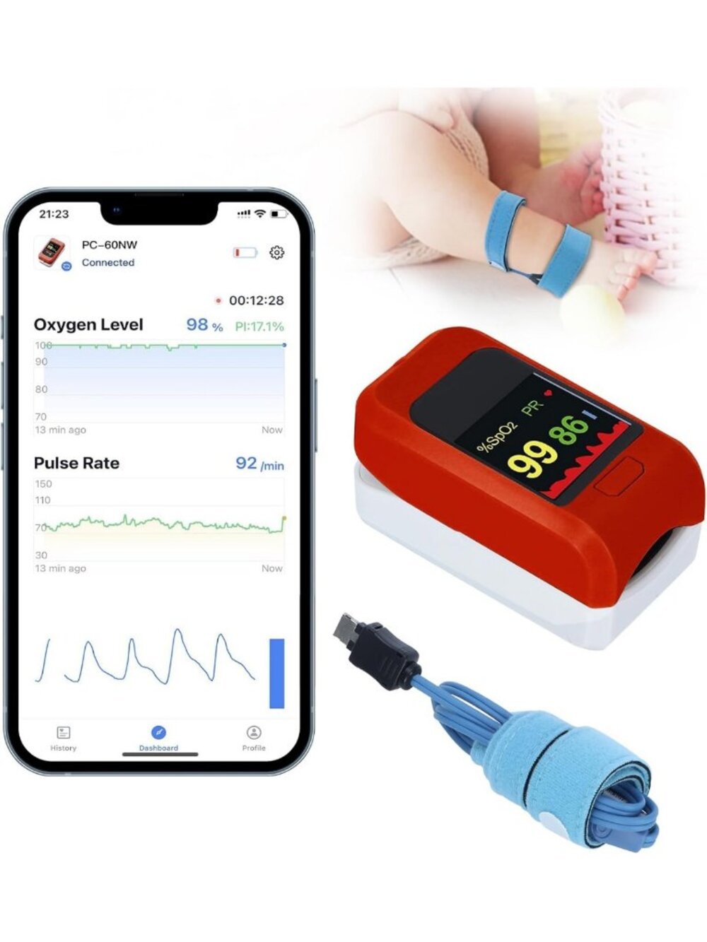 Bluetooth Fingertip Pulse Oximeter for Infants - Tracks Heart Rate & Oxygen